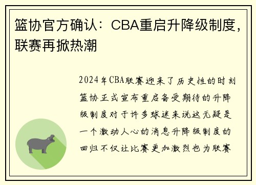 篮协官方确认：CBA重启升降级制度，联赛再掀热潮
