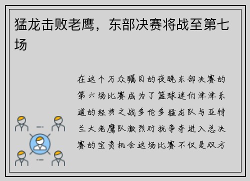 猛龙击败老鹰，东部决赛将战至第七场