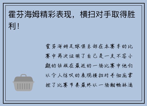 霍芬海姆精彩表现，横扫对手取得胜利！